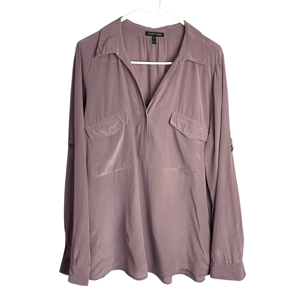 Eileen Fisher Womens 100% Silk Tunic Blouse Size M Mauve Long Roll-Tab Sleeve